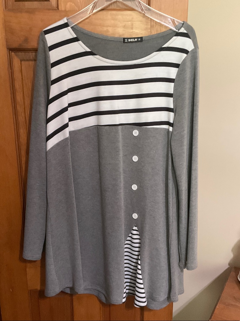 Shelay Gray Stripe Long-Sleeve Button-Front Tunic